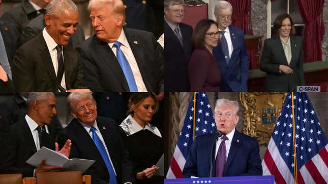 Imagen para el artículo titulado Un lector de labios descifra lo que Trump y Obama discutieron en el funeral del presidente Carter, Internet arrastra al esposo de una senadora republicana que faltó el respeto a la vicepresidenta Harris, Trump planea cambiar el nombre del Golfo de México, los negros estadounidenses reaccionan a la sentencia del caso “Hush Money” de Trump y más