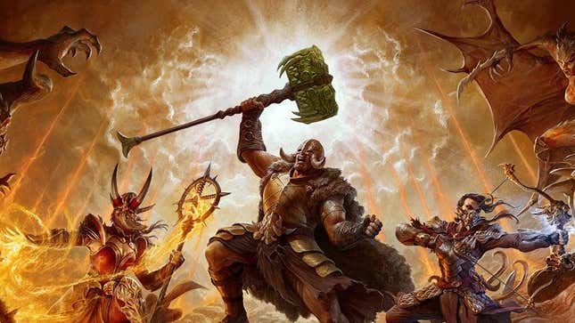 A barbarian holds up a hammer now that Diablo 4 is great again. 