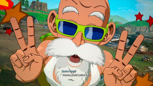 Master Roshi celebrates his victory with double peace signs.