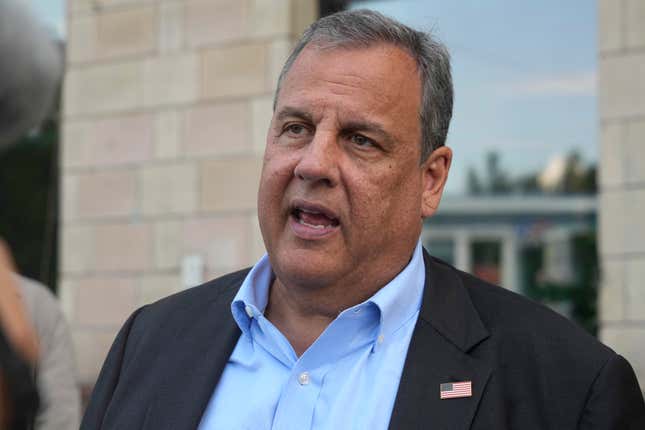 Republican presidential candidate former New Jersey Gov. Chris Christie speaks with reporters outside the Child Rights Protection Center in Kyiv, Ukraine, Friday, Aug. 4, 2023. 