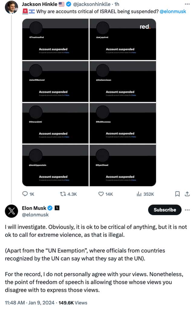 A screenshot of Elon Musk's exchange with Jackson Hinkle.