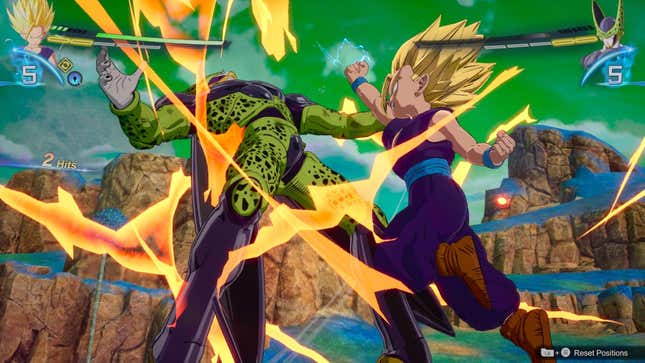 Teen Gohan uppercuts Perfect Cell into the air.