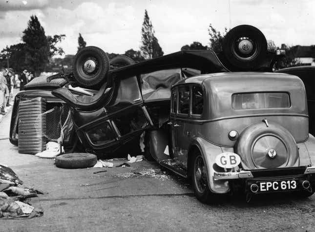 15th July 1939: Crashed cars on the Kingston bypass near Hinchley Wood, Surrey