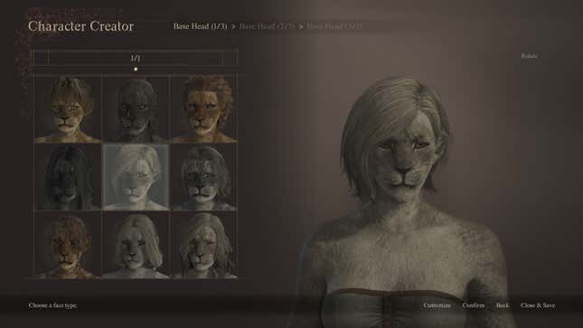 A screenshot of Dragon's Dogma 2's character creator, featuring a feline character and preset options for their head.