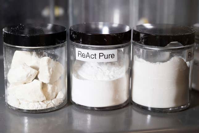 ReAct Pure, center, rests in a jar in the process lab at Fortera&#39;s facility in San Jose, Calif., Wednesday, April 10, 2024. The cement industry is one of the largest emitters of carbon dioxide and is responsible for about 8% of global emissions each year. Fortera, a clean tech company whose technology captures carbon emissions from kilns and feeds it back in to the process, is opening its first commercial scale operation on Thursday, April 12, 2024, in California. (AP Photo/Benjamin Fanjoy)