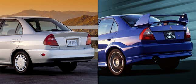 1995-2001 North American Mirage, at left, and 1999-2001  Lancer Evolution VI.