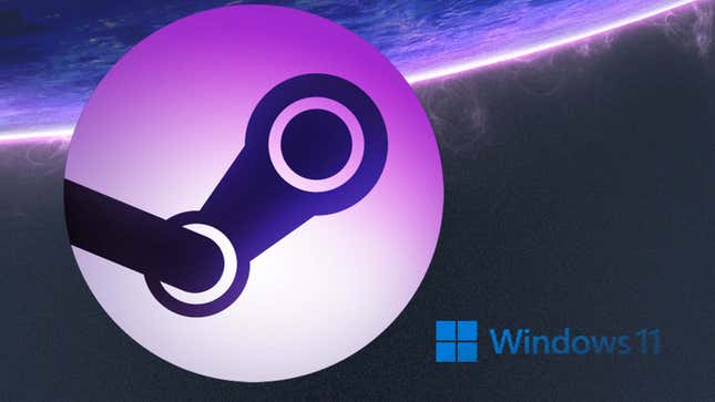 A large SteamOS icon overshadows a small Windows 11 icon. 