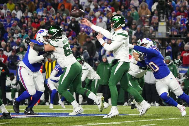 Nov 19, 2023; Orchard Park, New York, USA; New York Jets quarterback Tim Boyle (7) throws the ball against the Buffalo Bills during the second half at Highmark Stadium.