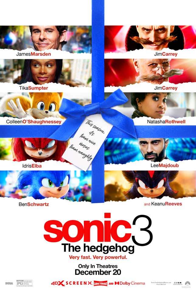 A poster of the cast of Sonic 3 with a ribbon down the middle and a tag that reads "This season, it's team nice versus team naughty."