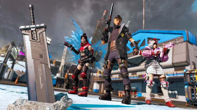 Apex Legends heroes Wraith (left), Crypto (middle), and Wattson (right) dress-up as iconic Final Fantasy VII characters.