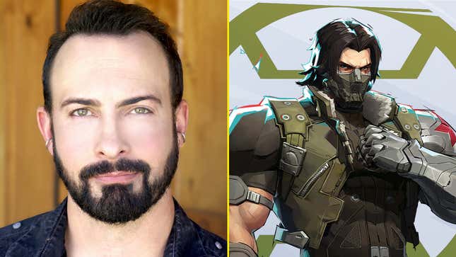 A voice actor is juxtaposed next to a Marvel character.