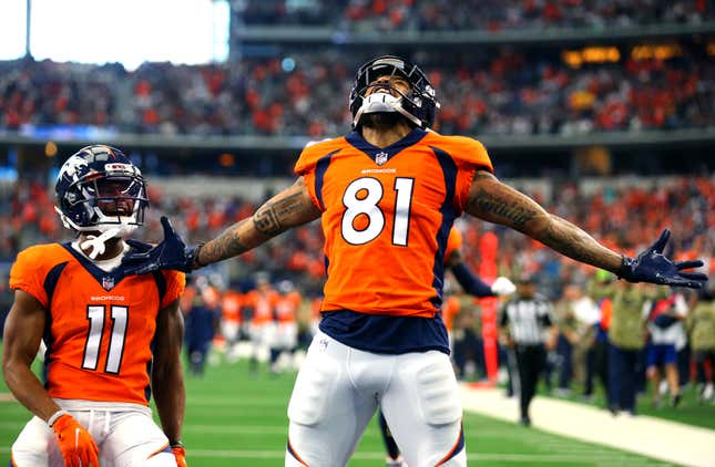 Tim Patrick #81 of the Denver Broncos celebrates after catching the ball for a touchdown during the second quarter against the Dallas Cowboys at AT&amp;T Stadium on November 07, 2021 in Arlington, Texas. 