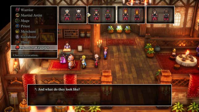 A screenshot from Dragon Quest III HD-2D Remake. A menu displays the Monster Wrangler character class, which is seen wearing red pants and a black top.