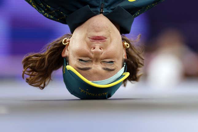 Australia’s Rachael Gunn, known as Raygun competes in the Women’s Breaking dance Round robin of the Paris 2024 Olympic Games at La Concorde in Paris, on August 9, 2024