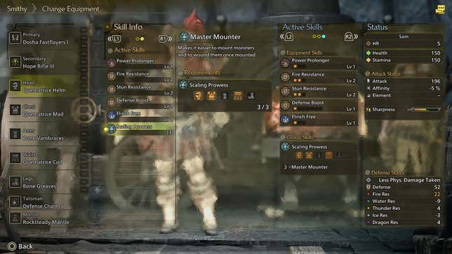 A player character’s equipment screen, highlighting the Scaling Prowess Group Skill they receive from Quematrice armor.