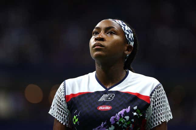 Coco Gauff of the United States looks on against Caroline Garcia of France during their Women’s Singles Quarterfinal match on Day Nine of the 2022 US Open at USTA Billie Jean King National Tennis Center on September 06, 2022 in the Flushing neighborhood of the Queens borough of New York City. (Photo by Elsa/Getty Images)