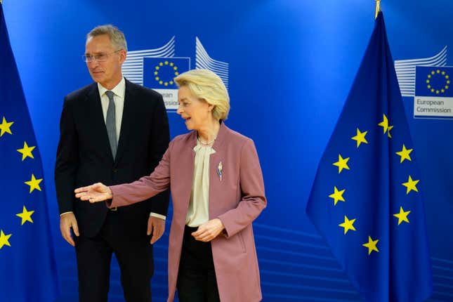 European Commission President Ursula von der Leyen, right, speaks with NATO Secretary General Jens Stoltenberg as they arrive for a meeting of the College of Commissioners at EU headquarters in Brussels, Wednesday, Nov. 15, 2023. (AP Photo/Virginia Mayo)