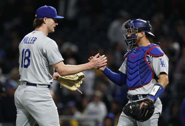 Catcher Austin Barnes of the Los Angeles Dodgers looks toward the