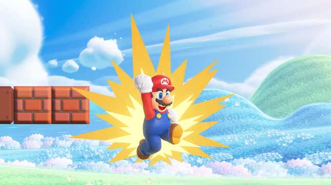Mario pounds his fist in the air. 