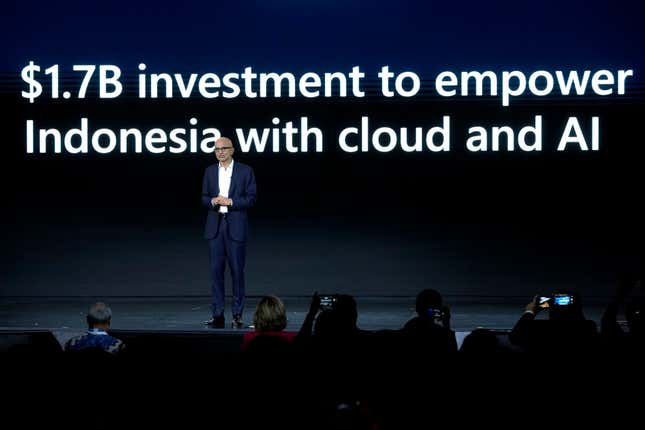 Microsoft CEO Satya Nadella speaks during an event titled &quot;Microsoft Build: AI Day&quot; in Jakarta, Indonesia, Tuesday, April 30, 2024. Microsoft will invest $1.7 billion over the next four years in new cloud and artificial intelligence infrastructure in Indonesia — the single largest investment in Microsoft&#39;s 29-year history in the country — Nadella said Tuesday. (AP Photo/Dita Alangkara)