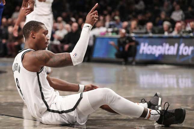 Nov 8, 2023; Brooklyn, New York, USA;  Brooklyn Nets guard Lonnie Walker IV (8) reacts after being fouled in the second quarter against the LA Clippers at Barclays Center.