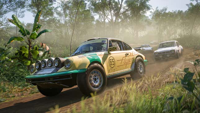 Cars race through the wilderness in Mexico.