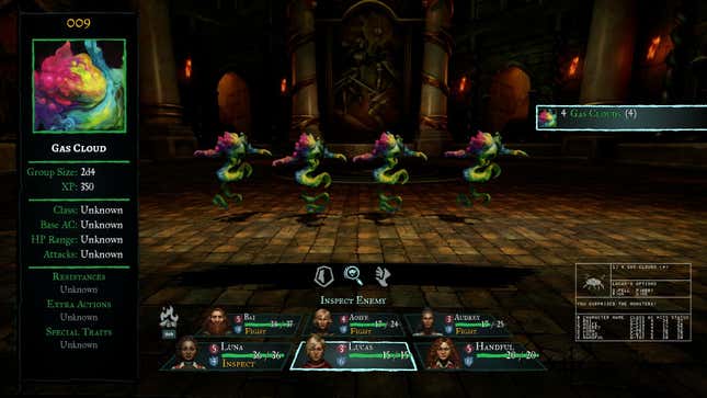 The player fights monsters in a dark castle.
