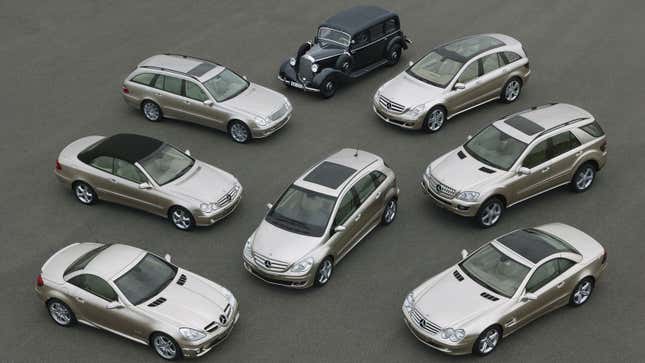 Eight Mercedes car parked on a runway 