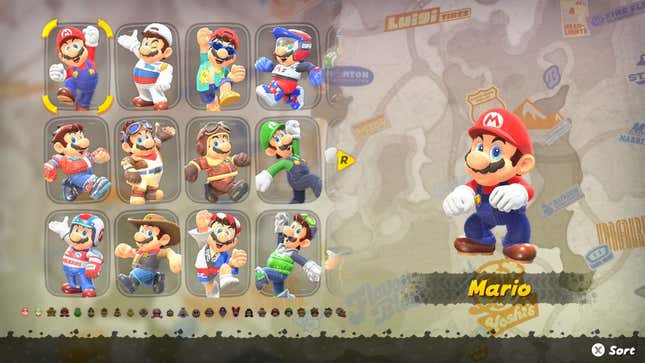 A screenshot shows outfit selections for various characters.