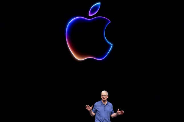 Tim Cook, chief executive officer of Apple Inc., during the Apple Worldwide Developers Conference at Apple Park campus in Cupertino, California, US, on Monday, June 10, 2024.