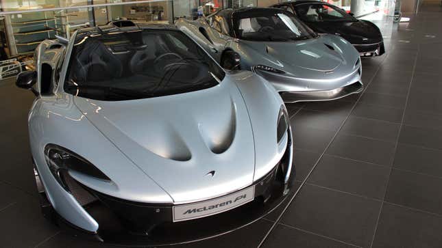 A photo of three McLaren road cars, including the P1, Speedtail and Artura. 