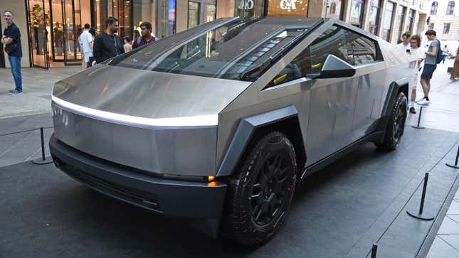 A Tesla Cybertruck Odyssey is displayed as the tour starts at Mall of Berlin on May 2, 2024 in Berlin, Germany.