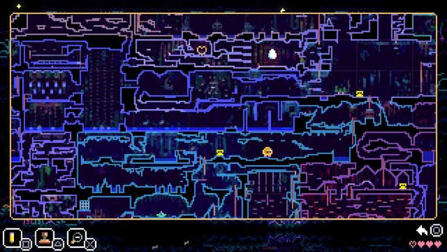 Uma captura de tela mostra a tela do mapa do Animal Well, mostrando o personagem do jogador no local descrito abaixo no guia.