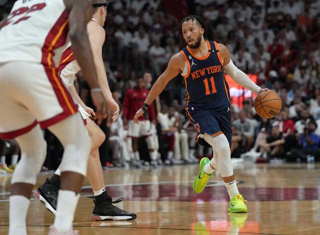 May 12, 2023; Miami, Florida, USA; New York Knicks guard Jalen Brunson (11) in the first half during game six of the 2023 NBA playoffs against the Miami Heat at Kaseya Center.