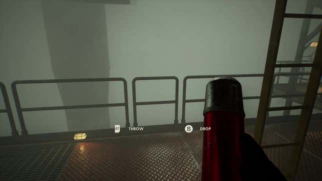 The player holds a thermos while looking out over a railing.