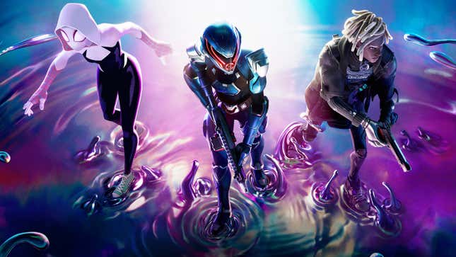 Gwen and two other Fortnite characters step into funky water.