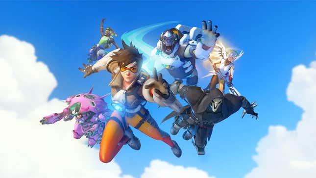 Tracer, Lucio, D.Va, Winston, Mercy, and Reaper all fall from the sky.