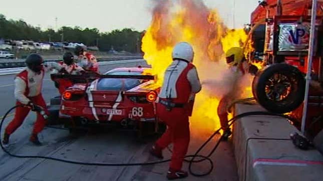 Ferrari Team Puts Out Pit Lane Fire, Sends Charred 488 Back Out To Race Like It's No Big Deal