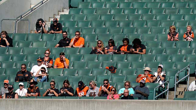 Fans watch the NFL football game between the Cincinnati Bengals and Jacksonville Jaguars October 20, 2019 in Cincinnati, Ohio.