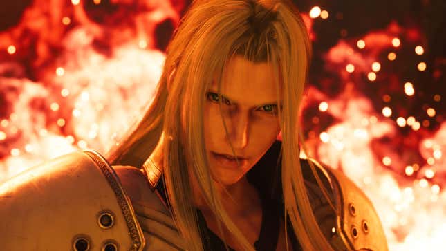 Sephiroth gives Cloud bedroom eyes as he burns down his hometown.