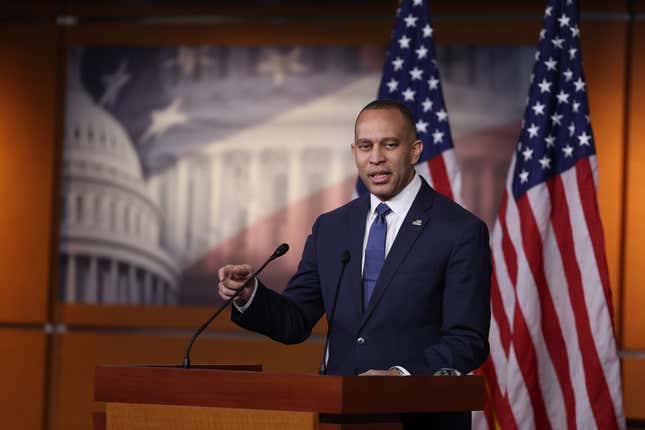 WASHINGTON, DC - DECEMBER 14: House Minority Leader Hakeem Jeffries (D-NY) holds a press conference at the U.S. Capitol on December 14, 2023 in Washington, DC. Jeffries spoke on the passage of the National Defense Authorization Act and other year end legislative matters.