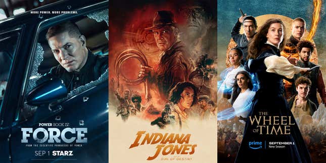 This combination of photos shows promotional art for the series “Power Book IV: Force,” premiering Sept. 1 on Starz, left, ”Indiana Jones and the Dial of Destiny,” a film available on video-on-demand on Aug. 29, center, and “The Wheel of Time,&quot; a fantasy series returning for a second season on Sept. 1. (Starz/Lucasfilm/Amazon Prime via AP)