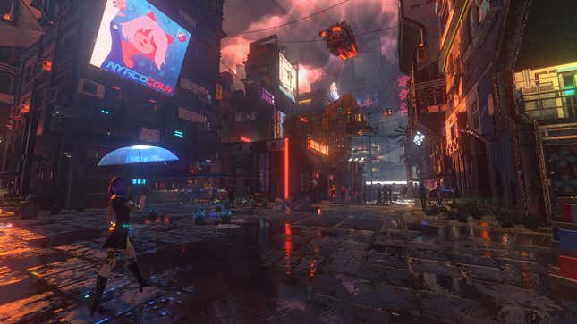 A cyberpunk street is lit up at twilight. 