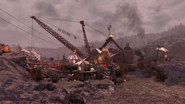 There is a crane parked in the wasteland.