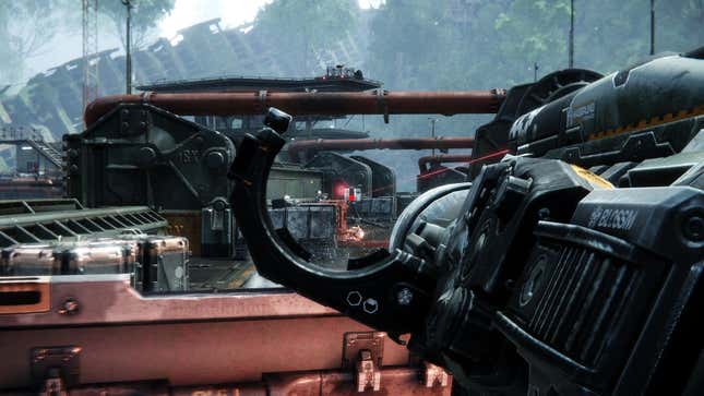 A screenshot from Crysis Remastered depicting the player character holding a rocket launcher, aiming at some enemies in the distance.