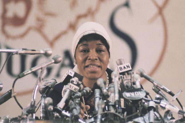 Betty Shabazz, wife of the late Nation of Islam leader, Malcolm X, speaking in 1972, location unknown.
