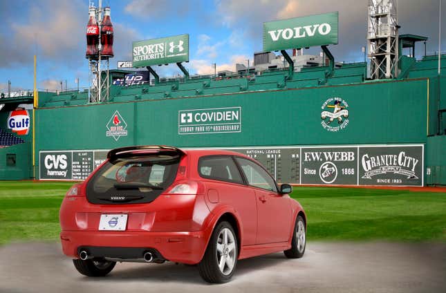 Rear 3/4 view of a red Boston Red Sox Special Edition Volvo C30