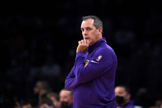 Head coach Frank Vogel of the Los Angeles Lakers follows the action during the first half of a preseason game against the Brooklyn Nets at Staples Center on October 3, 2021 in Los Angeles, California. NOTE TO USER: User expressly acknowledges and agrees that, by downloading and/or using this Photograph, user is consenting to the terms and conditions of the Getty Images License Agreement. 