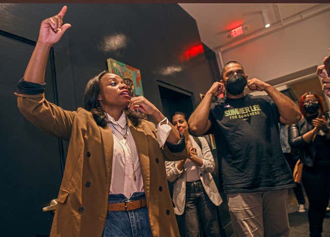 Summer Lee, candidate for the Democratic nomination for Pennsylvania’s 12th Congressional District, addresses supporters at her election night watch party downtown Pittsburgh on Tuesday, May 17, 2022.