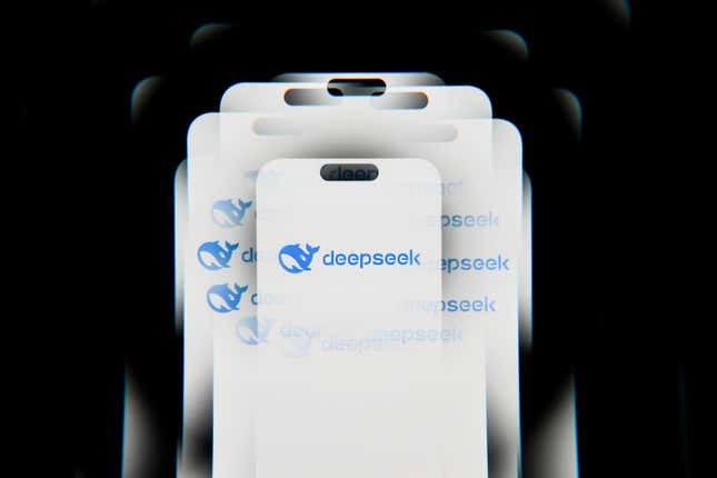 DeepSeek logo displayed on a smartphone screen in a kaleidoscope style against a black background